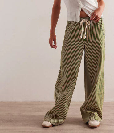 Women Striped Wide Leg Jeans Casual Loose Color Matching Slimming Straight Draped Pants