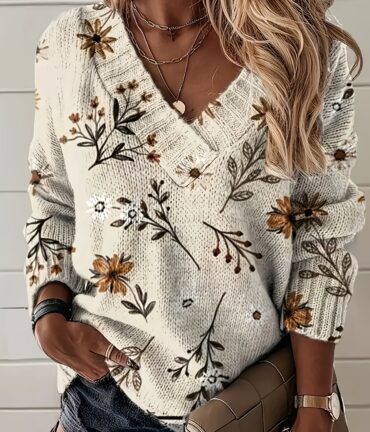 Women'S 3D Floral Print V-Neck Sweater - Soft All-Season Casual & Formal Wear, Cozy Ribbed Texture, All-Season Versatile Top for Casual Attire, Trendy Women'S Fashion, Cute Design, High-Quality Material