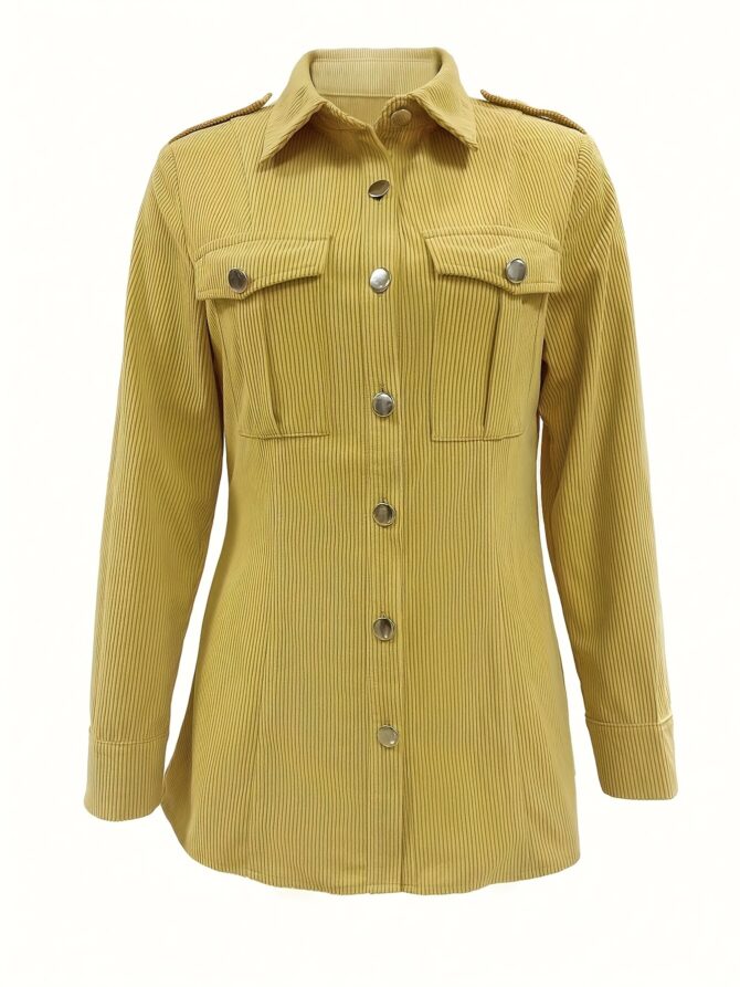 Elegant Corduroy Jacket for Women - Chic Long Sleeve Button-Up with Pockets, Polyester, Machine Washable, Ideal for Casual Outings, Allseason Apparel|Elegant Buttonup|Structured Appearance