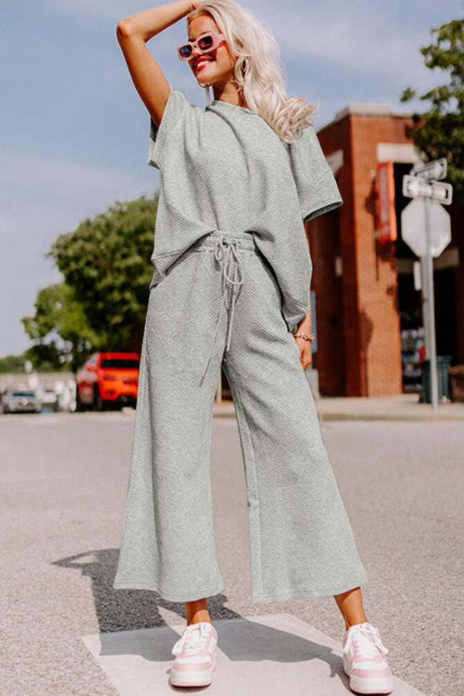 gray textured loose fit t shirt and drawstring pants set