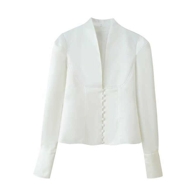 Women Clothing Fashionable Temperamental All Match Simple Breasted Wide Shoulder Long Sleeve Blazer