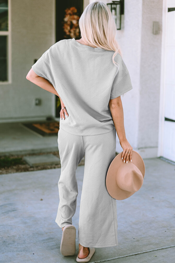 gray textured loose fit t shirt and drawstring pants set