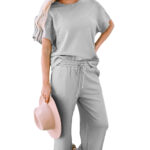 gray textured loose fit t shirt and drawstring pants set