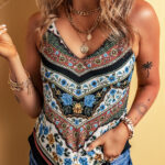 red mixed floral chevron pattern dip hem spaghetti straps tank