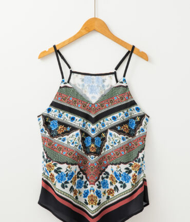 Red Mixed Floral Chevron Pattern Dip Hem Spaghetti Straps Tank