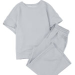 gray textured loose fit t shirt and drawstring pants set
