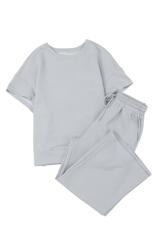 gray textured loose fit t shirt and drawstring pants set