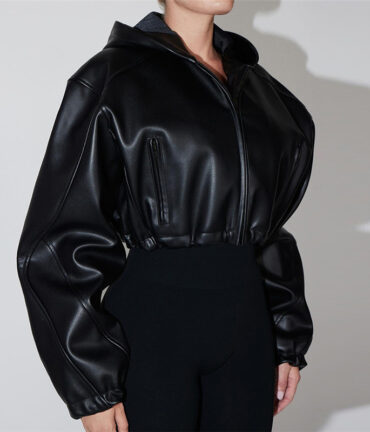 Zipper Navel-exposed Coat Hooded Imitation Leather Jacket