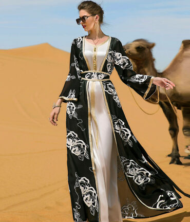 Arabian Black And White Flower Embroidered Two-piece Long Dress With Belt And Robe