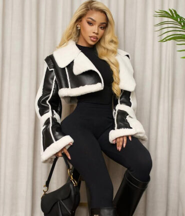 Faux Leather Fur Collar Cropped Coat