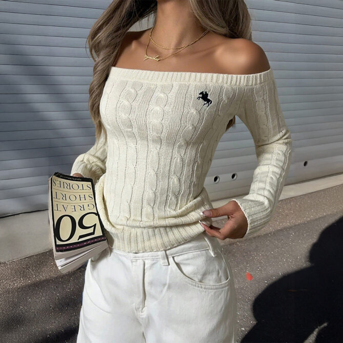 Minimalist off the Shoulder Long Sleeve Sweater Woolen Women Clothing