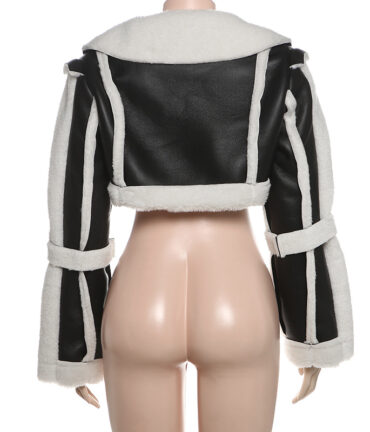 Faux Leather Fur Collar Cropped Coat