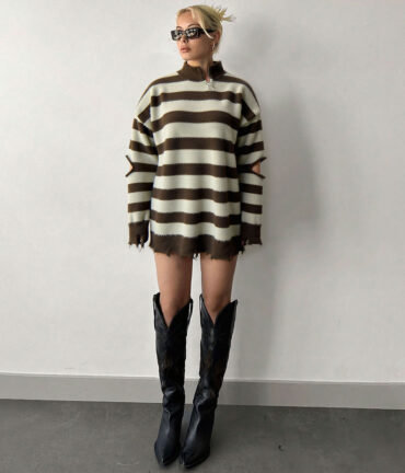 Lazy Wind Striped Sweater High Grade Gentle Striped Knitted Thick Sweater Women