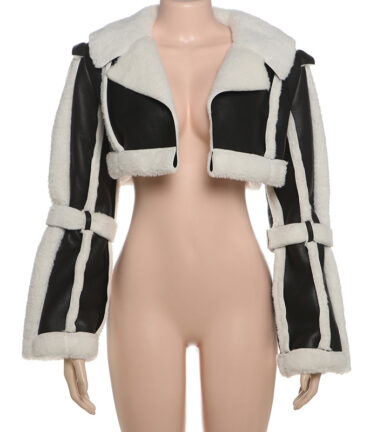 Faux Leather Fur Collar Cropped Coat