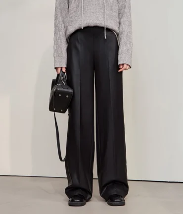 AMII Pants Minimalist Commuter PU Leather Office Lady Trousers 