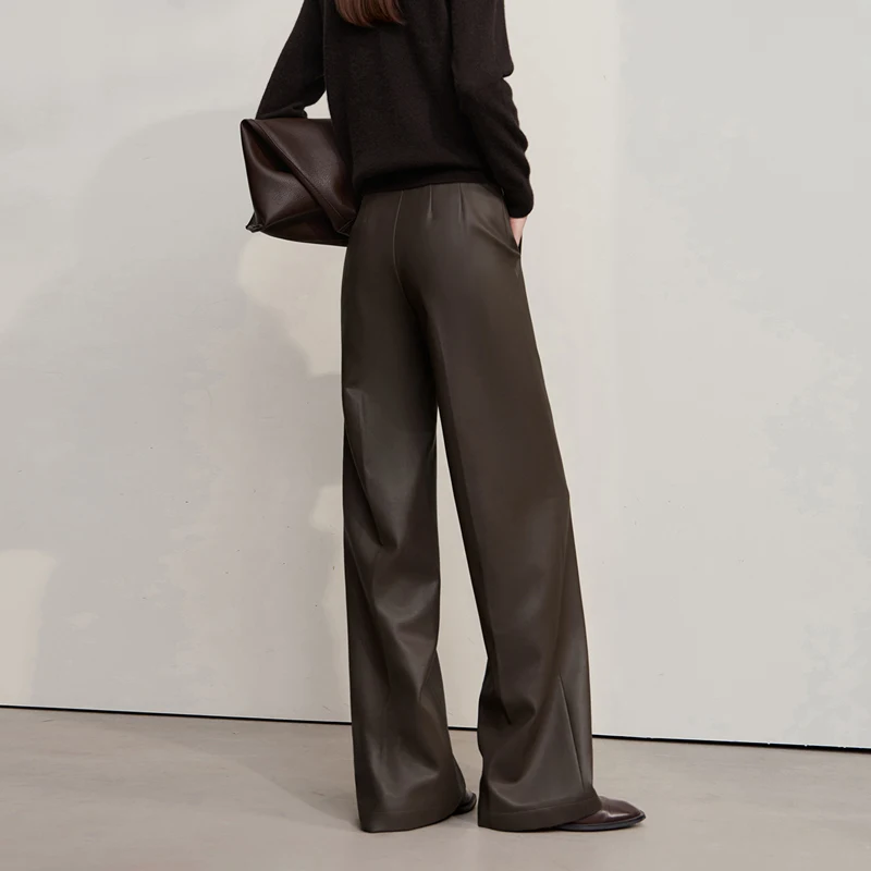 AMII Pants Minimalist Commuter PU Leather Office Lady Trousers 