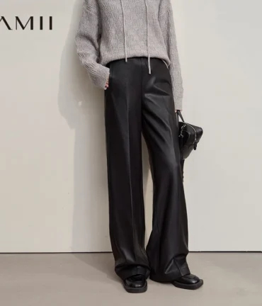 AMII Pants For Woman New Minimalist Commuter PU Leather Loose Wide-leg Pants Casual Office Lady Trousers 
