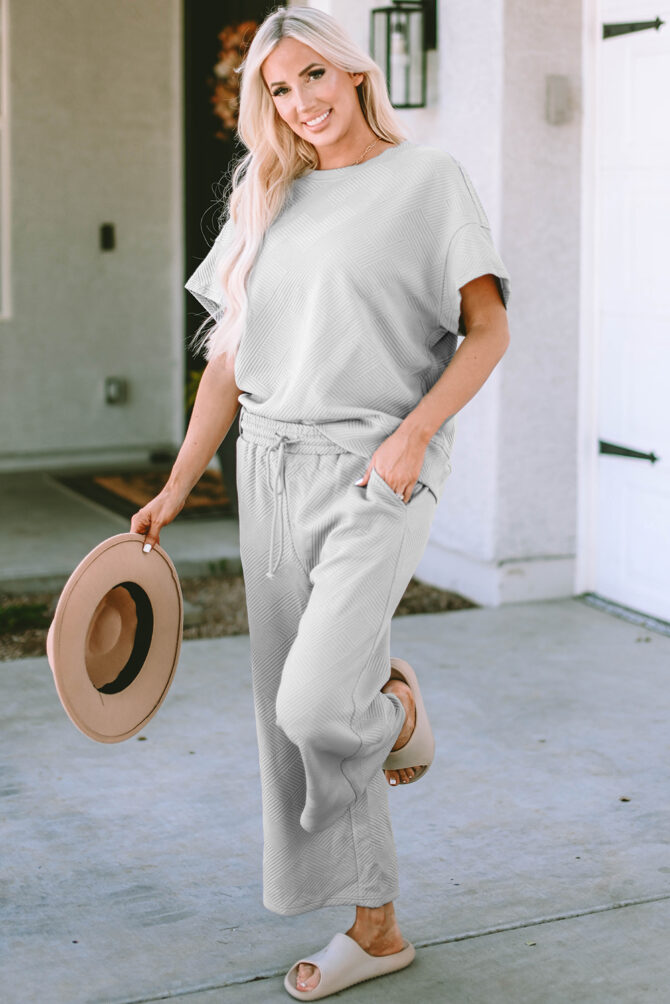 gray textured loose fit t shirt and drawstring pants set