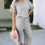 gray textured loose fit t shirt and drawstring pants set