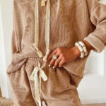 casual lace drawstring pullover hoodie and high waist pants corduroy suit