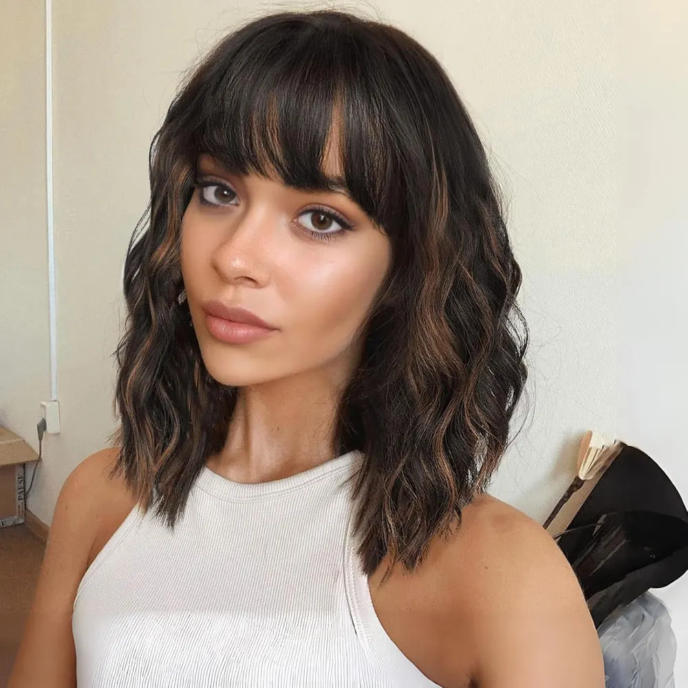Short Bangs Natural Wavy Hair Wigs Bob Shoulder Length