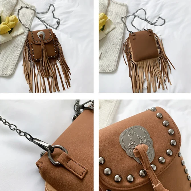 Punk Shoulder Bag Tassel Riveted Leather Shoulder Bag - Image 5