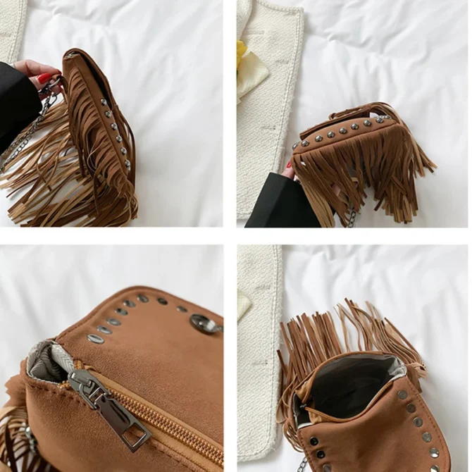Punk Shoulder Bag Tassel Riveted Leather Shoulder Bag - Image 4