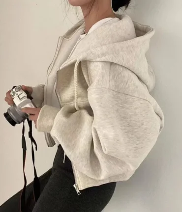 New In Fleece-lined Versatile Cropped Slims Smooths Silhouette Zip-up Warm Navy Blue Hooded Sweatshirt Women