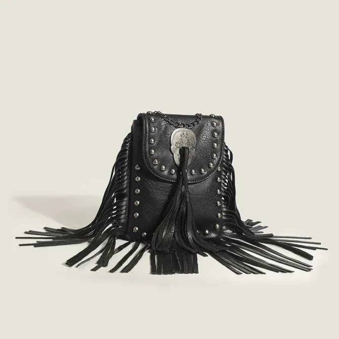 Punk Shoulder Bag Tassel Riveted Leather Shoulder Bag - Image 3