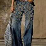 retro printed women's casual wide leg slacks with pockets