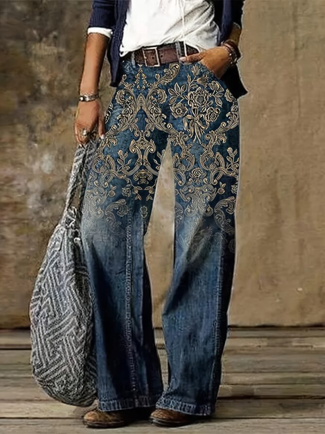 retro printed women's casual wide leg slacks with pockets