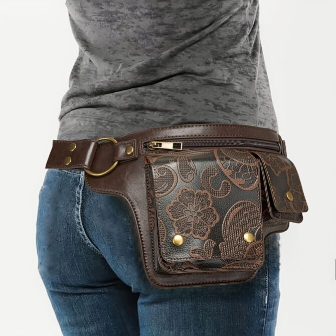 women's adjustable waist bag convertible crossbody purse with floral pattern, zipper closure & snap button, synthetic faux leather belt bag for everyday, formal, travel coffee brown/black, crossbody purse, everyday accessory, vintage style, polyester lining, fashion accessory, retro design, durable material, compact handbag, fashion lovers