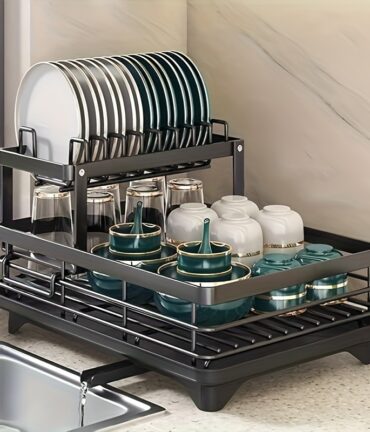 double layer carbon steel large dish rack with cutlery, cup holder and drain board, space saving and durable and rust resistant, suitable for large family gatherings such as christmas, halloween and black friday, the first choice for gifts