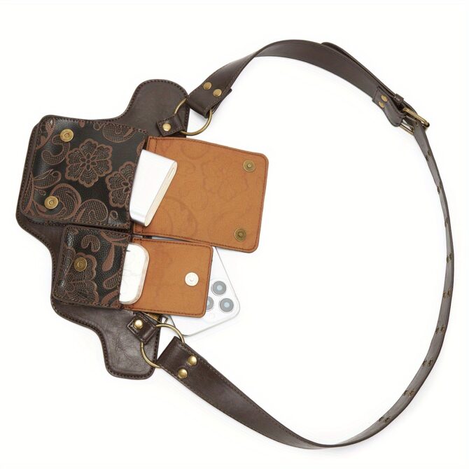women's adjustable waist bag convertible crossbody purse with floral pattern, zipper closure & snap button, synthetic faux leather belt bag for everyday, formal, travel coffee brown/black, crossbody purse, everyday accessory, vintage style, polyester lining, fashion accessory, retro design, durable material, compact handbag, fashion lovers