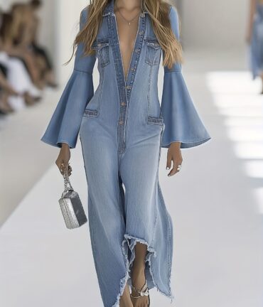 women's elegant collar single breasted denim jumpsuit all season loose fit long sleeve one piece with white piping trim, structured collar & button closure (casual to formal wear) machine washable jeans suit