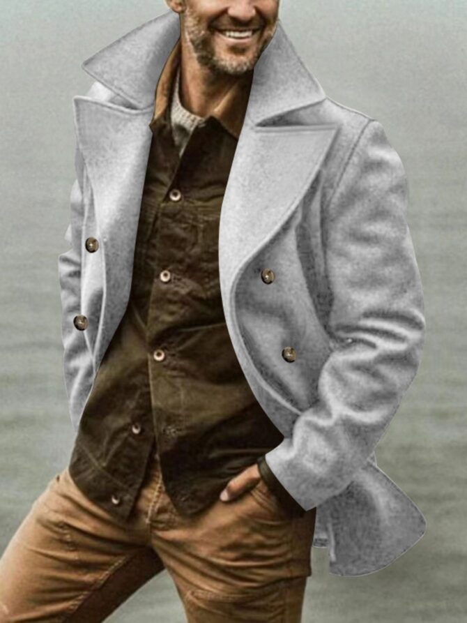 men's slim fit double breasted lapel short trench coat wrinkle free tailored outerwear with belt & notch collar, solid brown/black/gray/navy blue, autumn/winter casual & formal coat, hand wash or dry clean, structured fit, belted design, classic trench coat for men, suitable for fall and winter seasons, sophisticated and versatile style