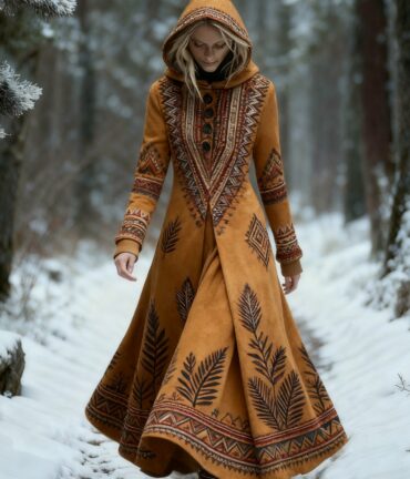 plus size, women's long hooded dress with full body celtic knot & fern leaf print a line winter gown, fitted hoodie dress for fall/winter, machine washable brown/beige/golden/green tunic for medieval costume parties & renaissance events