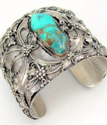 1pc vintage alloy open cuff bracelet with turquoise inlay, carved floral pattern, fashion jewelry accessory for daily and holiday wear