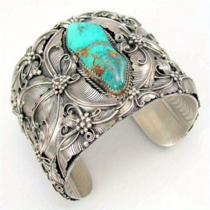 1pc vintage alloy open cuff bracelet with turquoise inlay, carved floral pattern, fashion jewelry accessory for daily and holiday wear