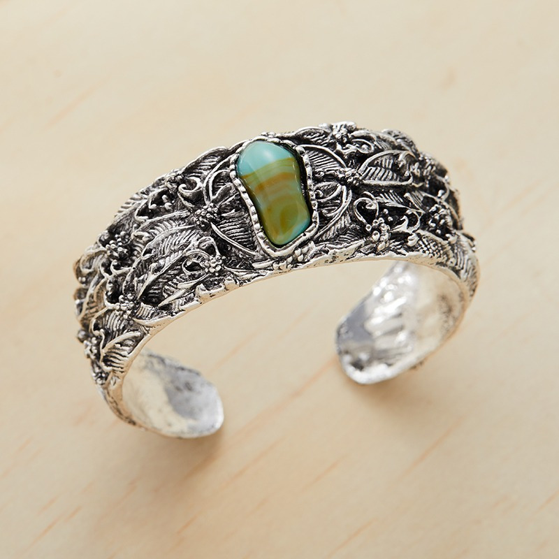 1pc Vintage Alloy Open Cuff Bracelet with Turquoise Inlay, Carved Floral Pattern, Fashion Jewelry Accessory for Daily and Holiday Wear