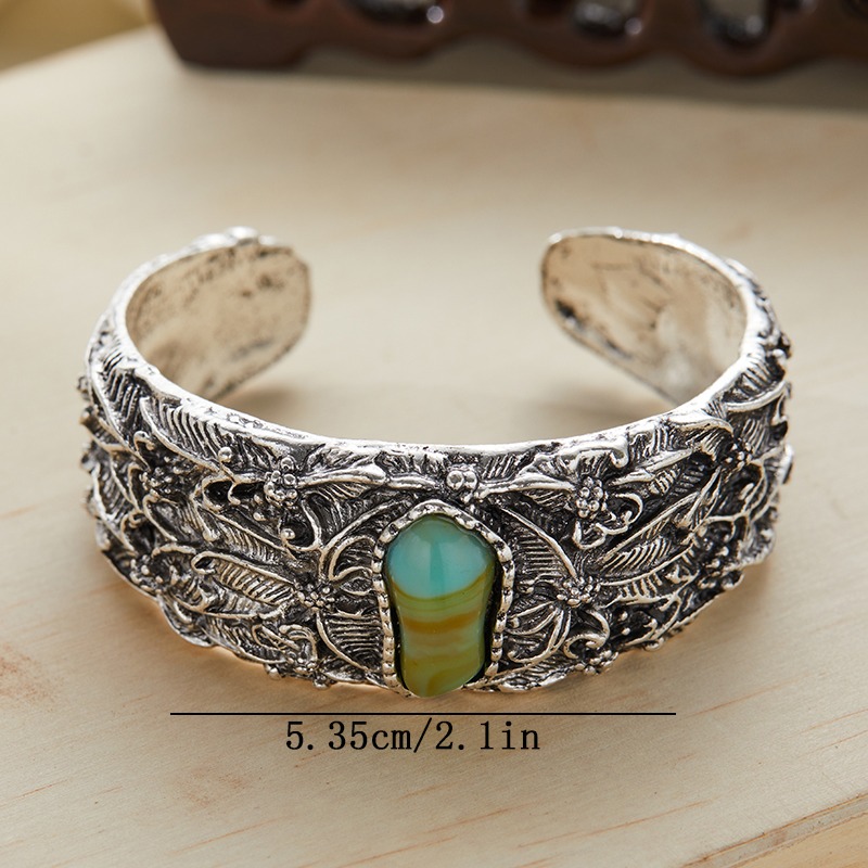 1pc Vintage Alloy Open Cuff Bracelet with Turquoise Inlay, Carved Floral Pattern, Fashion Jewelry Accessory for Daily and Holiday Wear