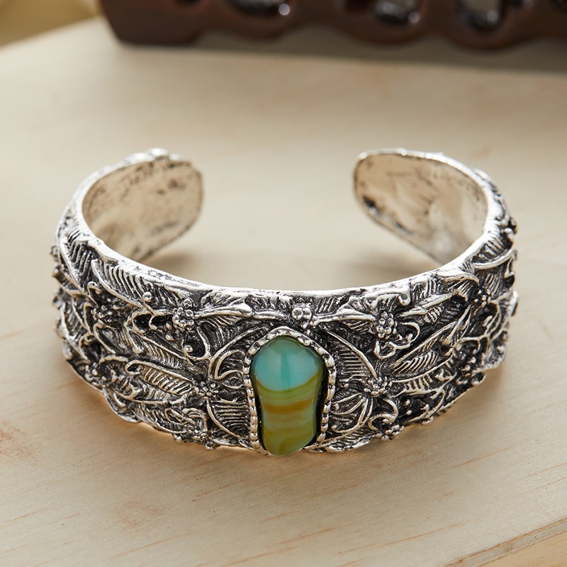 Vintage Alloy Open Cuff Bracelet Turquoise Inlay