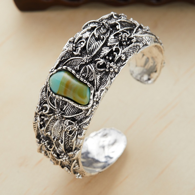 1pc Vintage Alloy Open Cuff Bracelet with Turquoise Inlay, Carved Floral Pattern, Fashion Jewelry Accessory for Daily and Holiday Wear