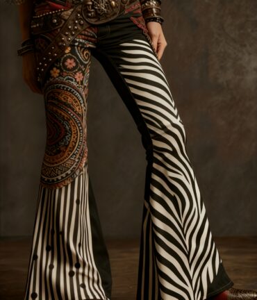 Flared Bell-Bottom Pants Imitation Denim No Belt Needed