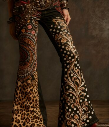 Flared Bell-Bottom Pants Imitation Denim No Belt Needed