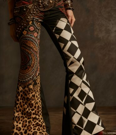 Flared Bell-Bottom Pants Imitation Denim No Belt Needed