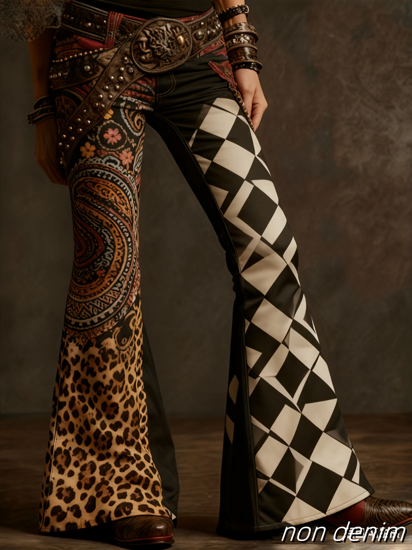 Flared Bell-Bottom Pants Imitation Denim No Belt Needed