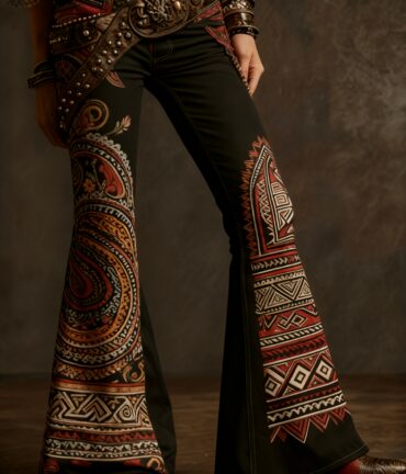 Flared Bell-Bottom Pants Imitation Denim No Belt Needed