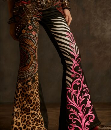 Flared Bell-Bottom Pants Imitation Denim No Belt Needed