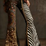 women's bohemian high waisted flared bell bottom pants imitation denim with multicolor western print (leopard/tiger stripe/plaid) | single button closure, all season casual to semi formal wear | no belt needed, durable & comfortable wide leg trous